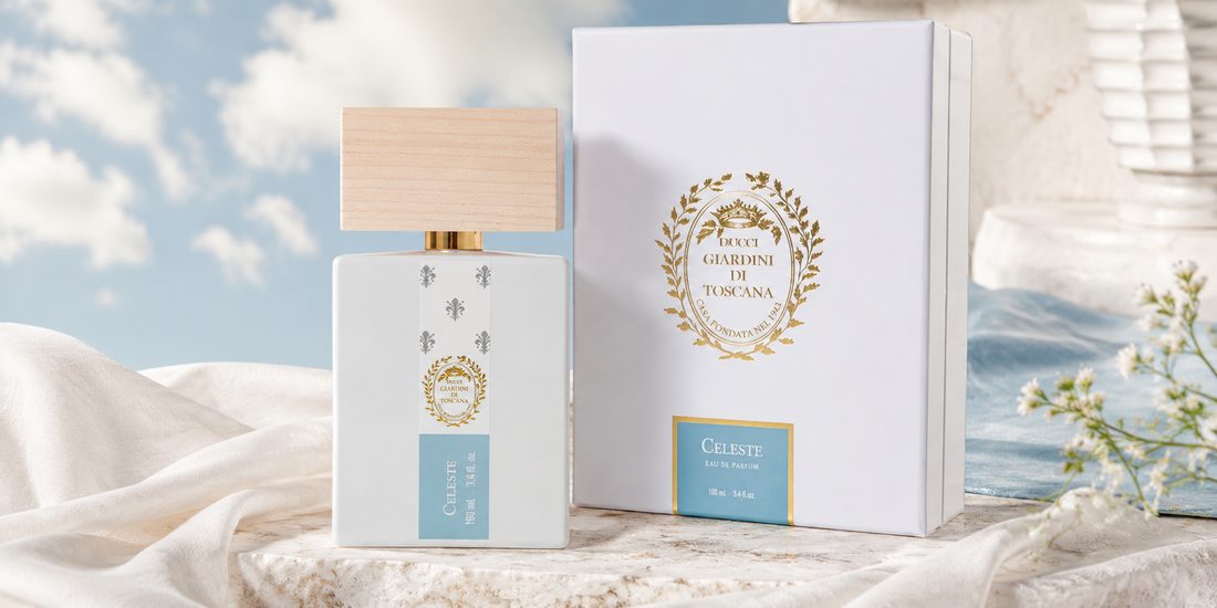 Giardini Di Toscana bottle and box styled in a soft, sky-blue setting